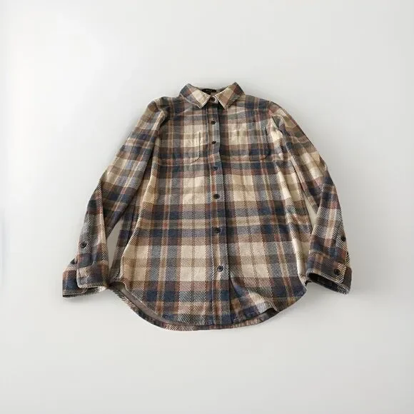 Quince Men Stretch Sweater Fleece Shirt Plaid Brown/Blue S - Picture 2 of 6